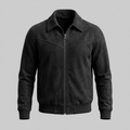 Black suede trucker jacket with a button front, stand collar, and chest pockets, shown flat
