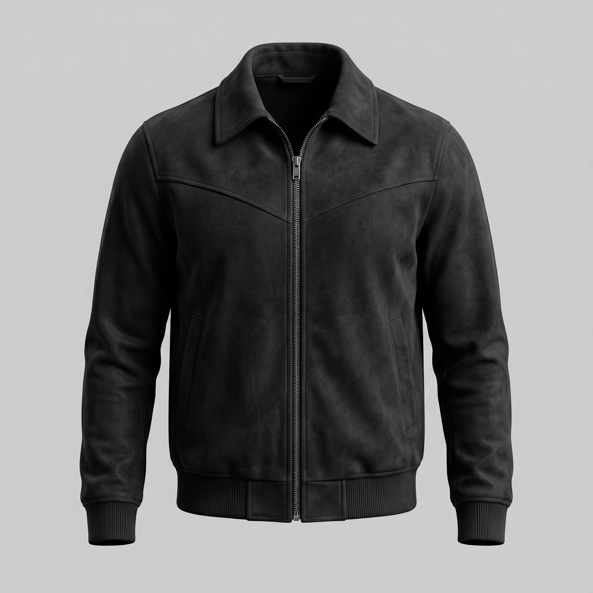 Black suede trucker jacket with a button front, stand collar, and chest pockets, shown flat
