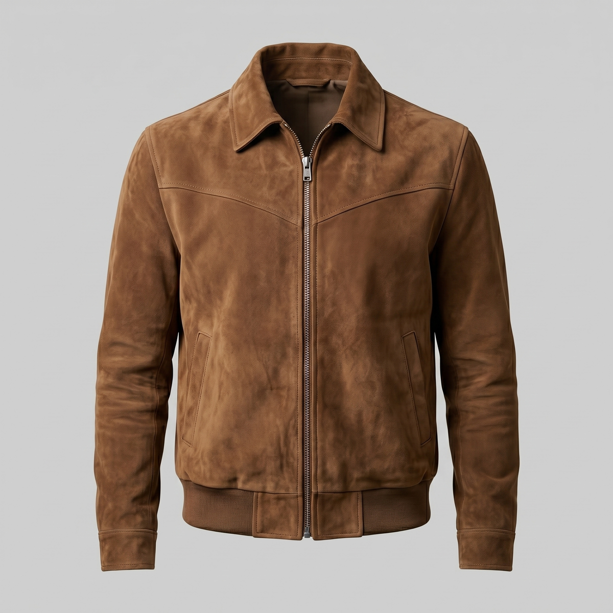 Brown suede trucker jacket with a button front, stand collar, and chest pockets, shown flat