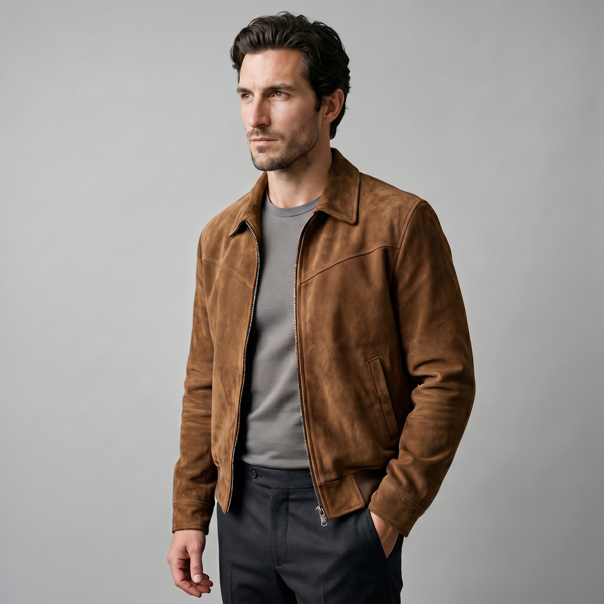 A man wearing a brown suede trucker jacket with a button front, stand collar, and chest pockets