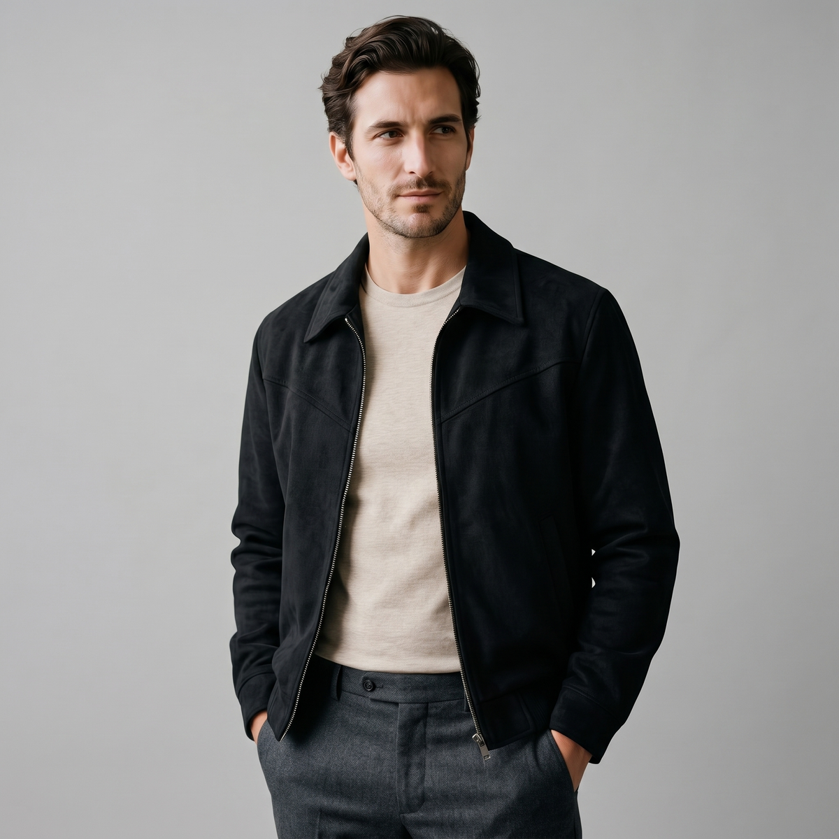 A man wearing a black suede trucker jacket with a button front, stand collar, and chest pockets
