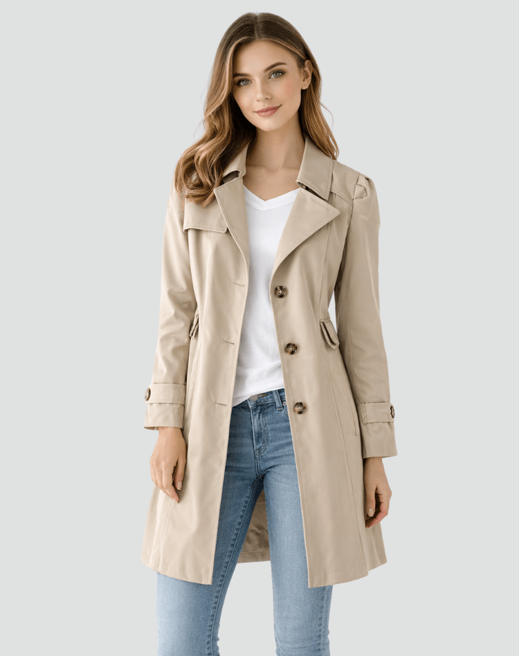 A woman wearing a dark beige tailored mid-length trench coat with a structured fit and classic lapel