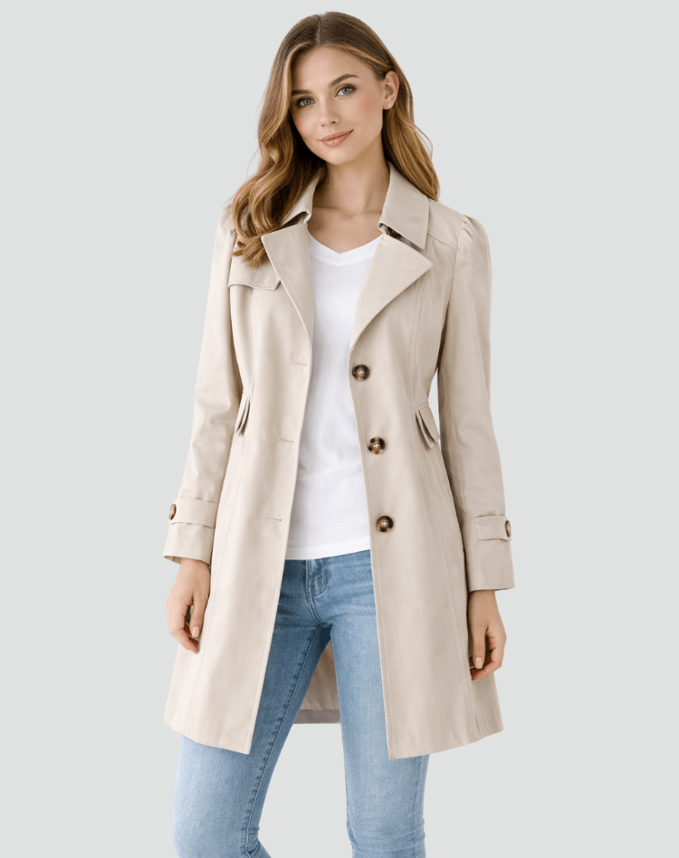 A woman wearing a beige tailored mid-length trench coat with a structured fit and classic lapel, front view