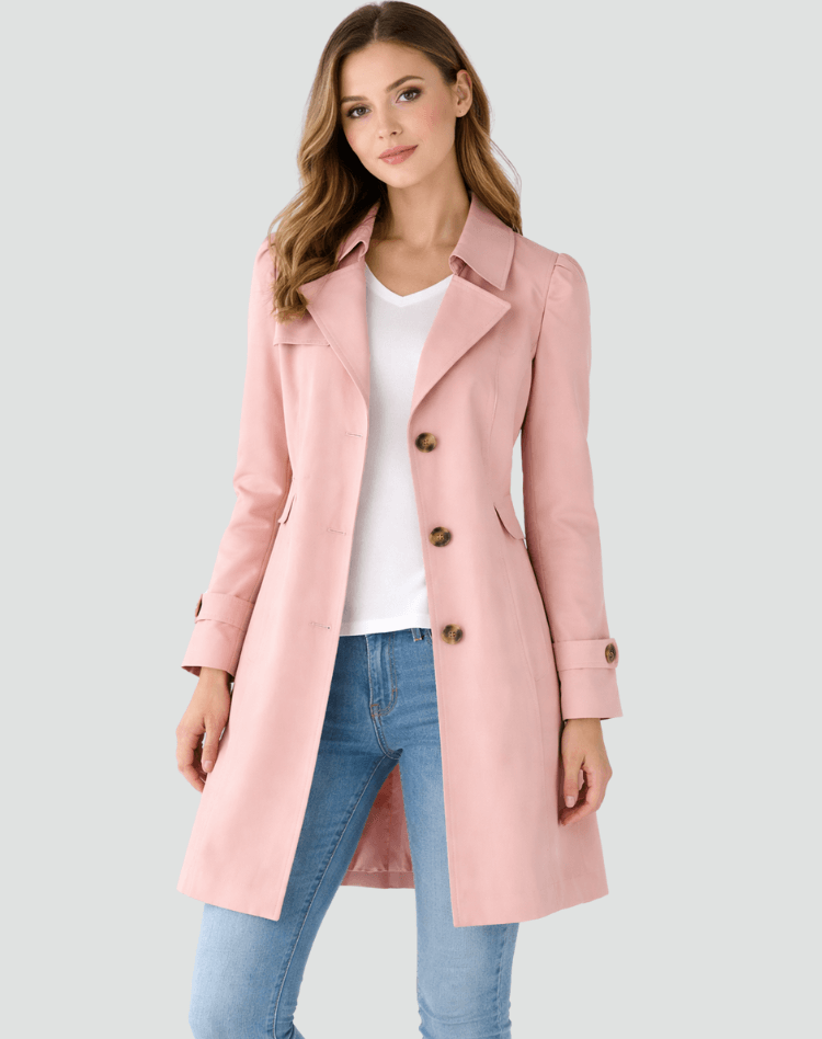 A woman wearing a pink tailored mid-length trench coat with a structured fit and classic lapel
