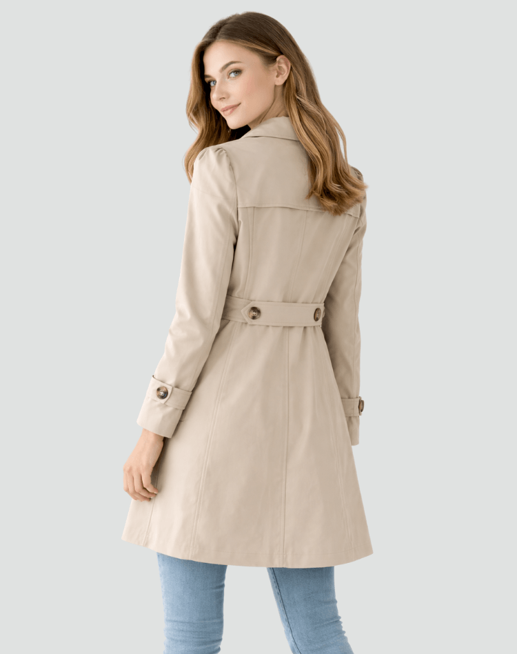 A woman wearing a beige tailored mid-length trench coat with a structured fit and classic lapel, shown in back view