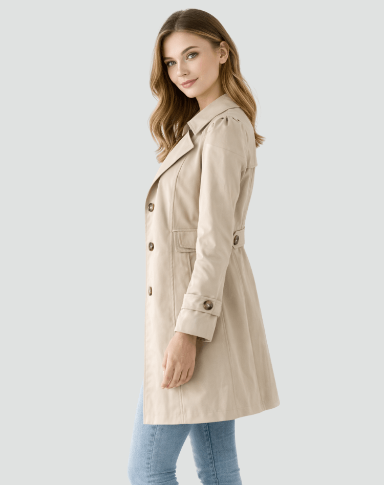 A woman wearing a beige tailored mid-length trench coat with a structured fit and classic lapel, shown in side view
