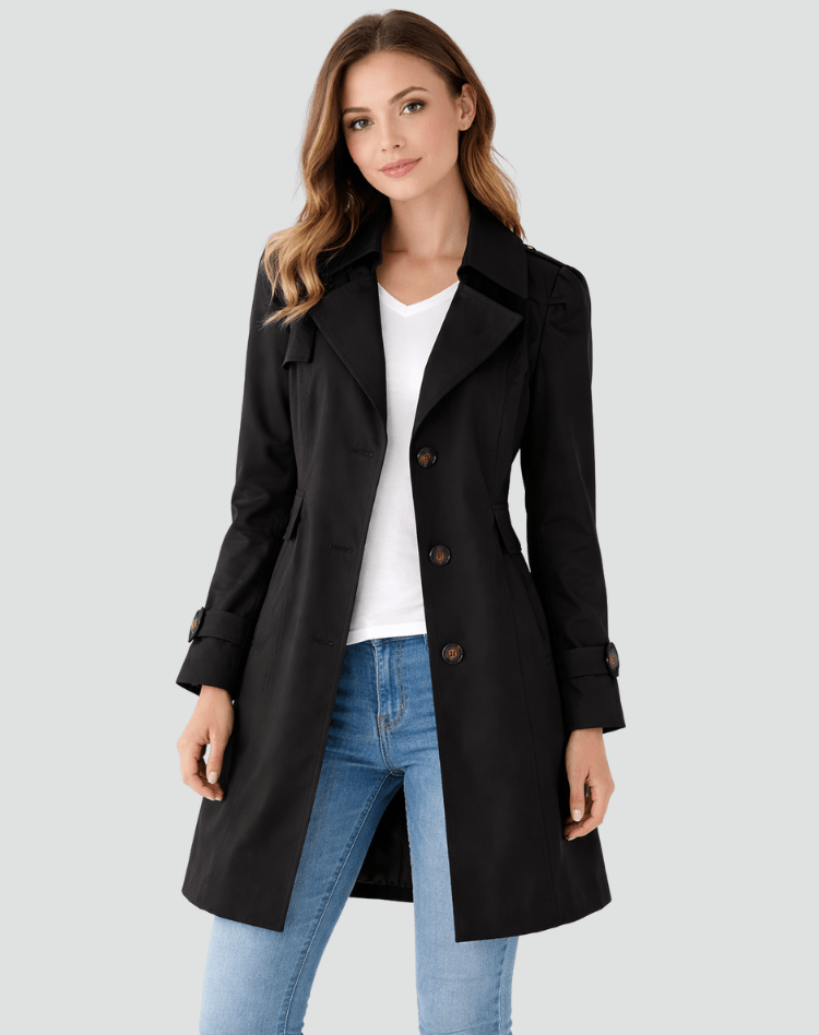 A woman wearing a black tailored mid-length trench coat with a structured fit and classic lapel