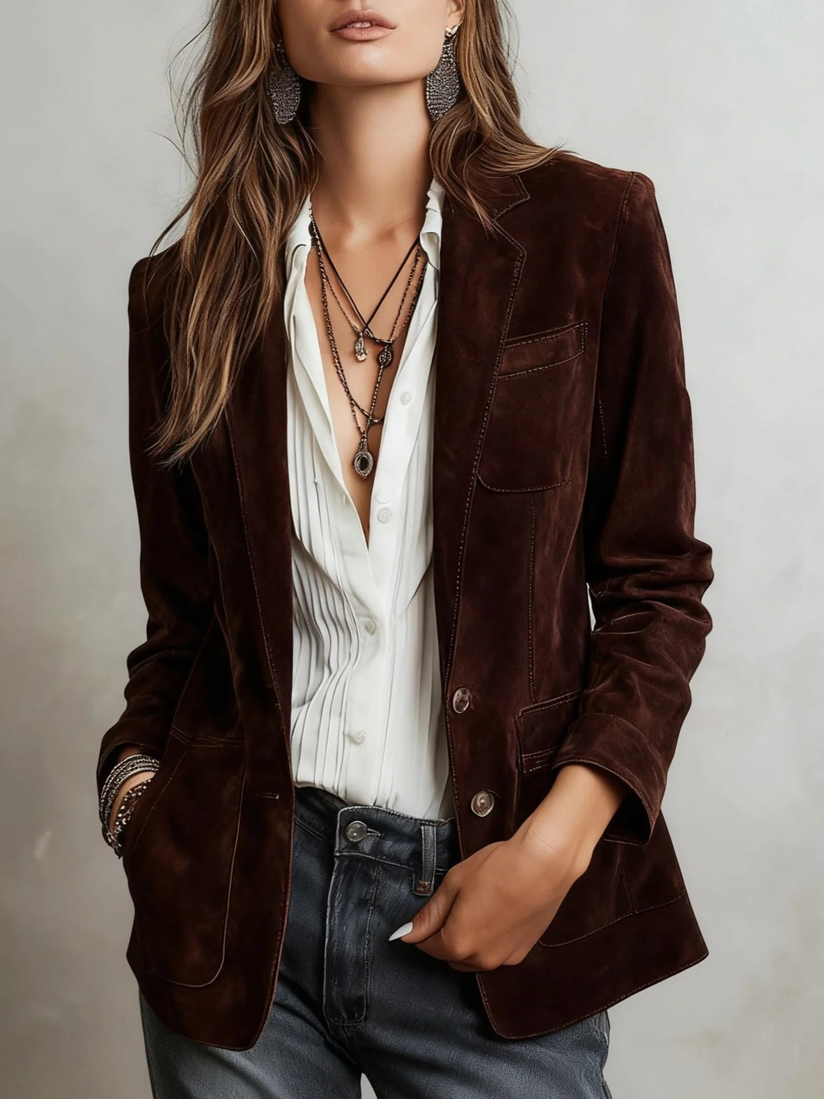 A woman wearing a dark brown tailored suede blazer with patch pockets and a notch lapel
