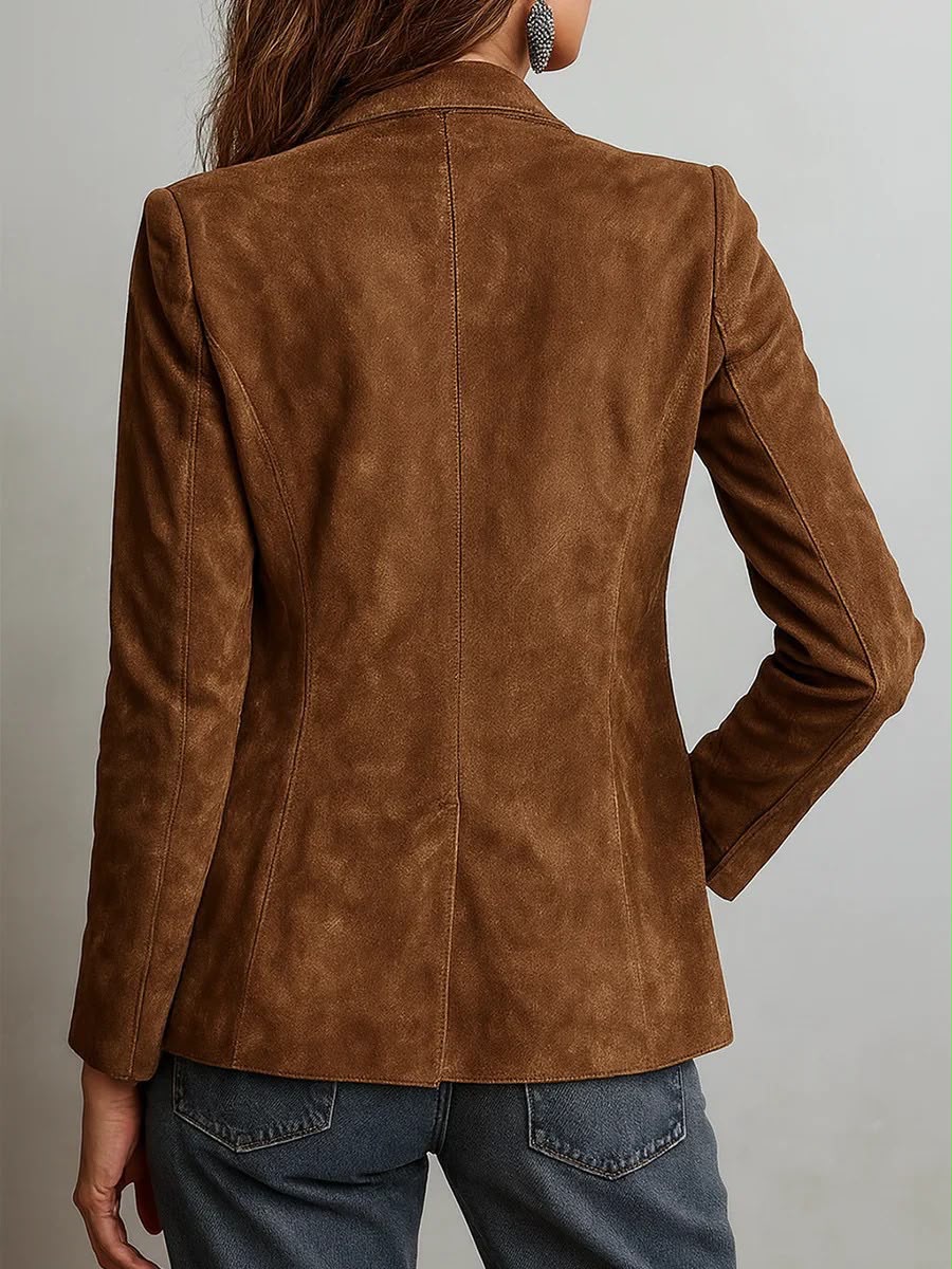 A woman wearing a brown tailored suede blazer, shown from the back with patch pockets and a tailored fit