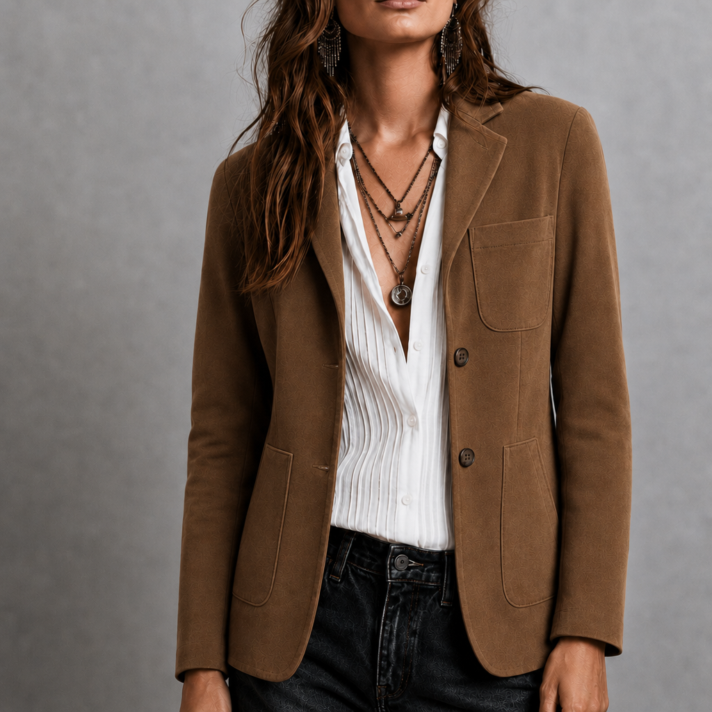 A woman wearing a brown tailored suede blazer with patch pockets and a notch lapel