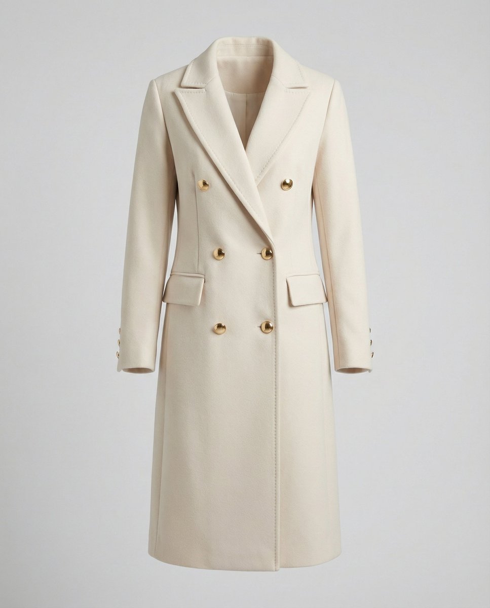 A white wool midi overcoat with a double-breasted front and notched lapels, shown flat