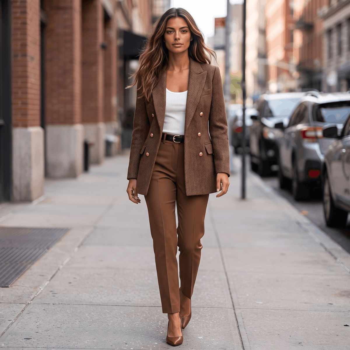 Woman wearing a brown belted tweed blazer with matching trousers and ankle boots while walking along a city street.