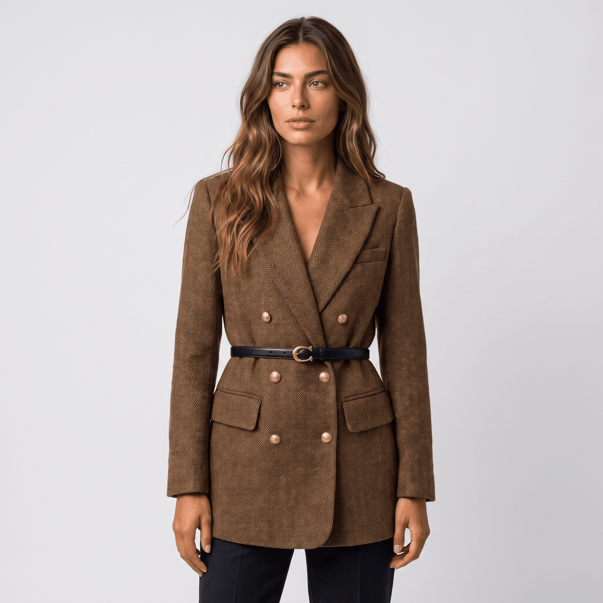 Woman wearing a brown double-breasted tweed blazer with gold-tone buttons, notched lapels, flap pockets, belted waist, and tailored silhouette.