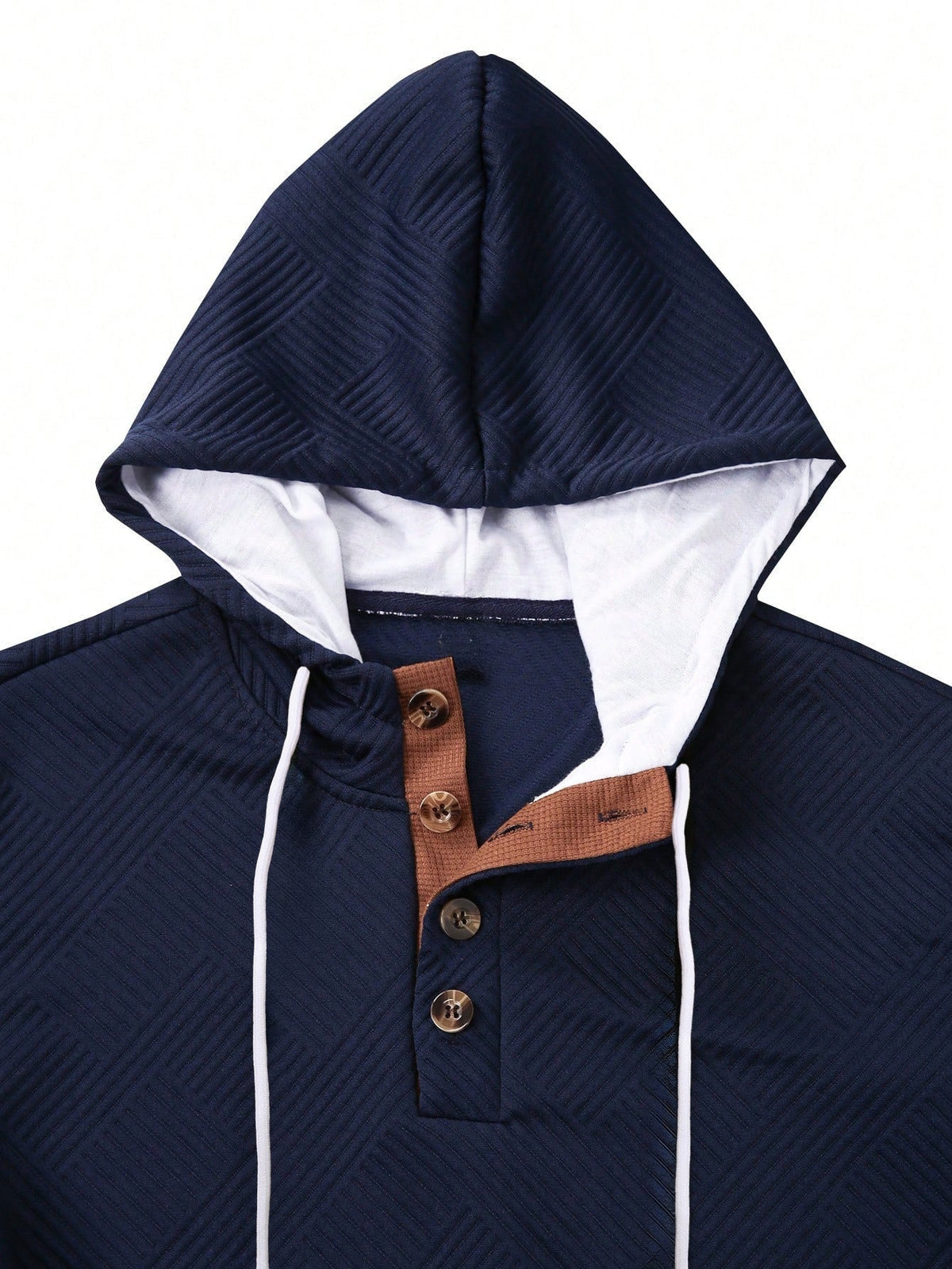 Navy Blue textured Henley hoodie for men close-up showing the hood, button placket, and textured fabric