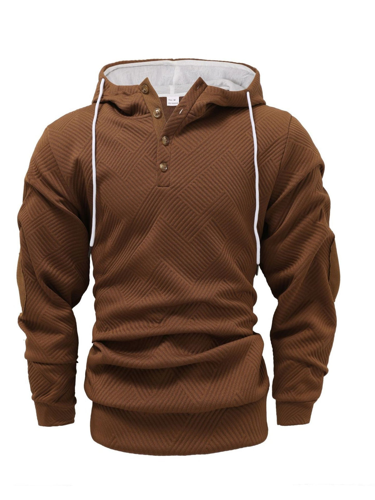 Brown textured Henley hoodie for men with a relaxed fit, drawstring hood, button placket, and long sleeves