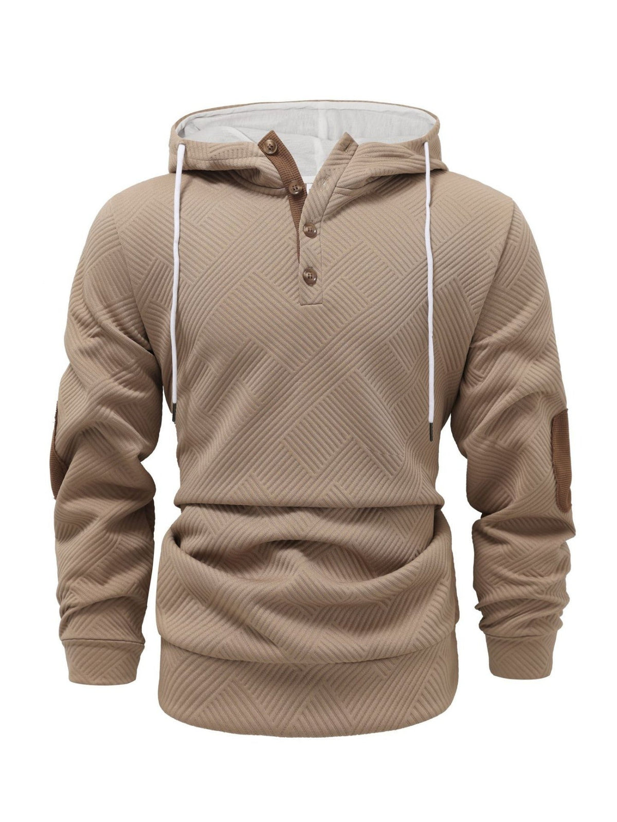 Light Brown textured Henley hoodie for men with a relaxed fit, drawstring hood, button placket, and long sleeves