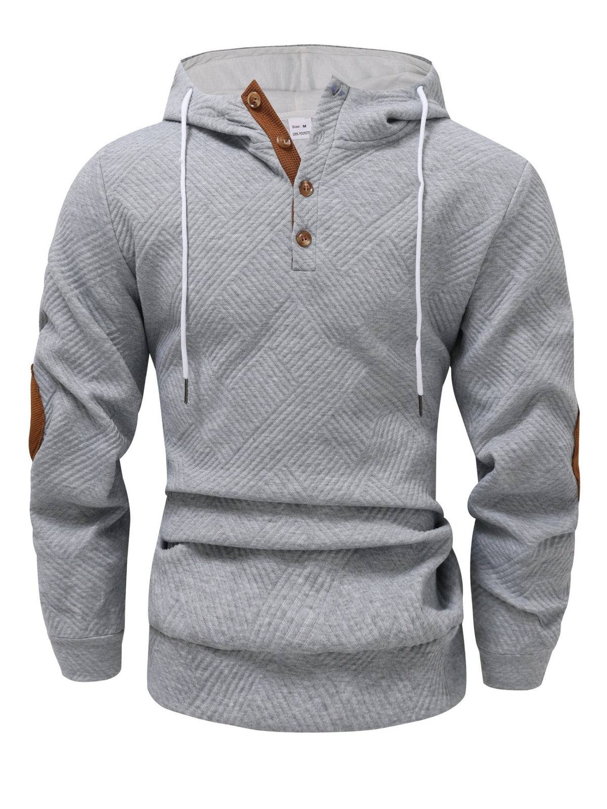 Gray textured Henley hoodie for men with a relaxed fit, drawstring hood, button placket, and long sleeves