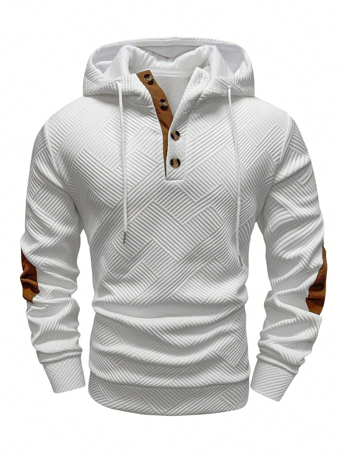 White textured Henley hoodie for men with a relaxed fit, drawstring hood, button placket, and long sleeves
