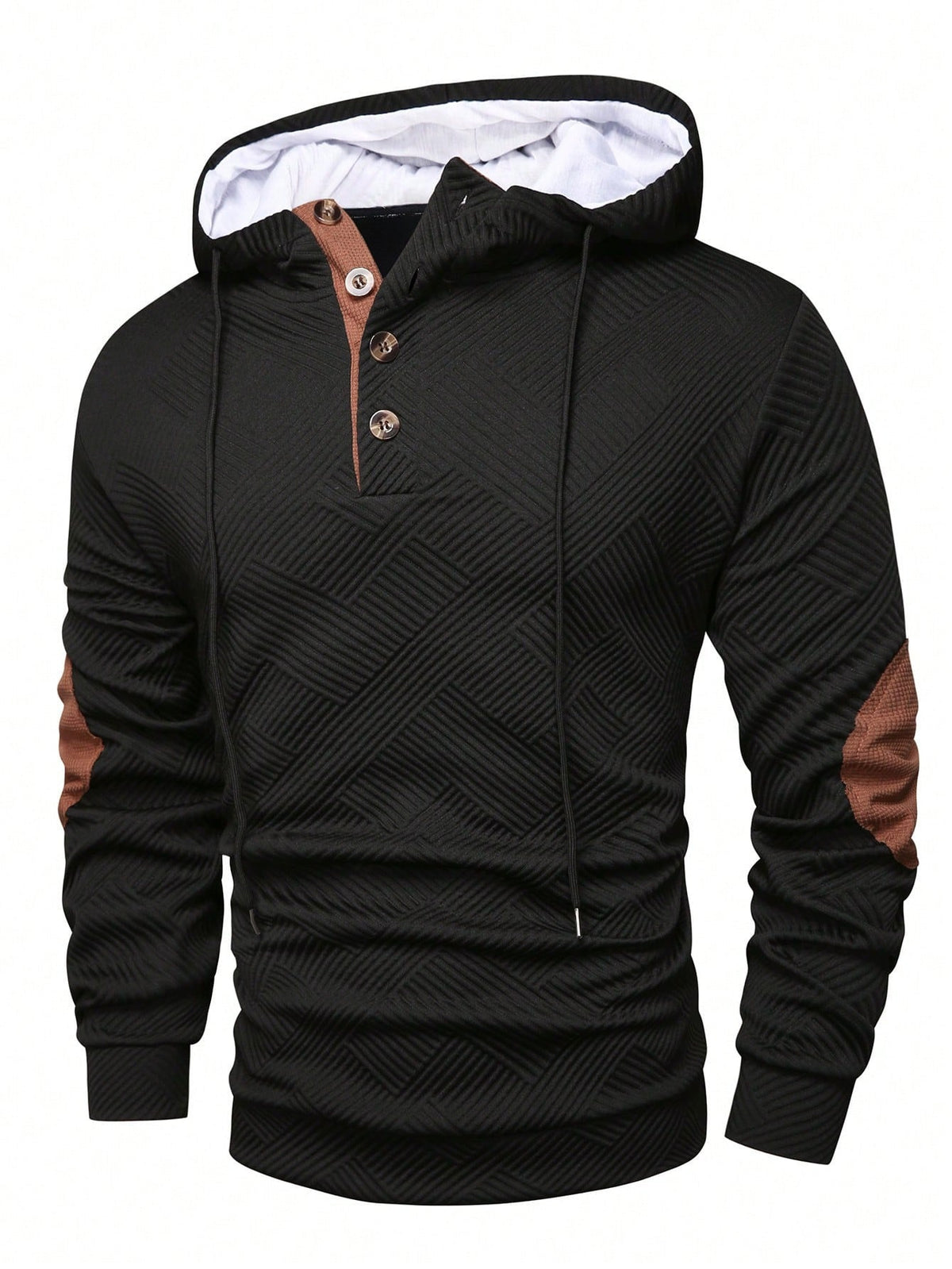 Black textured Henley hoodie for men with a relaxed fit, drawstring hood, button placket, and long sleeves
