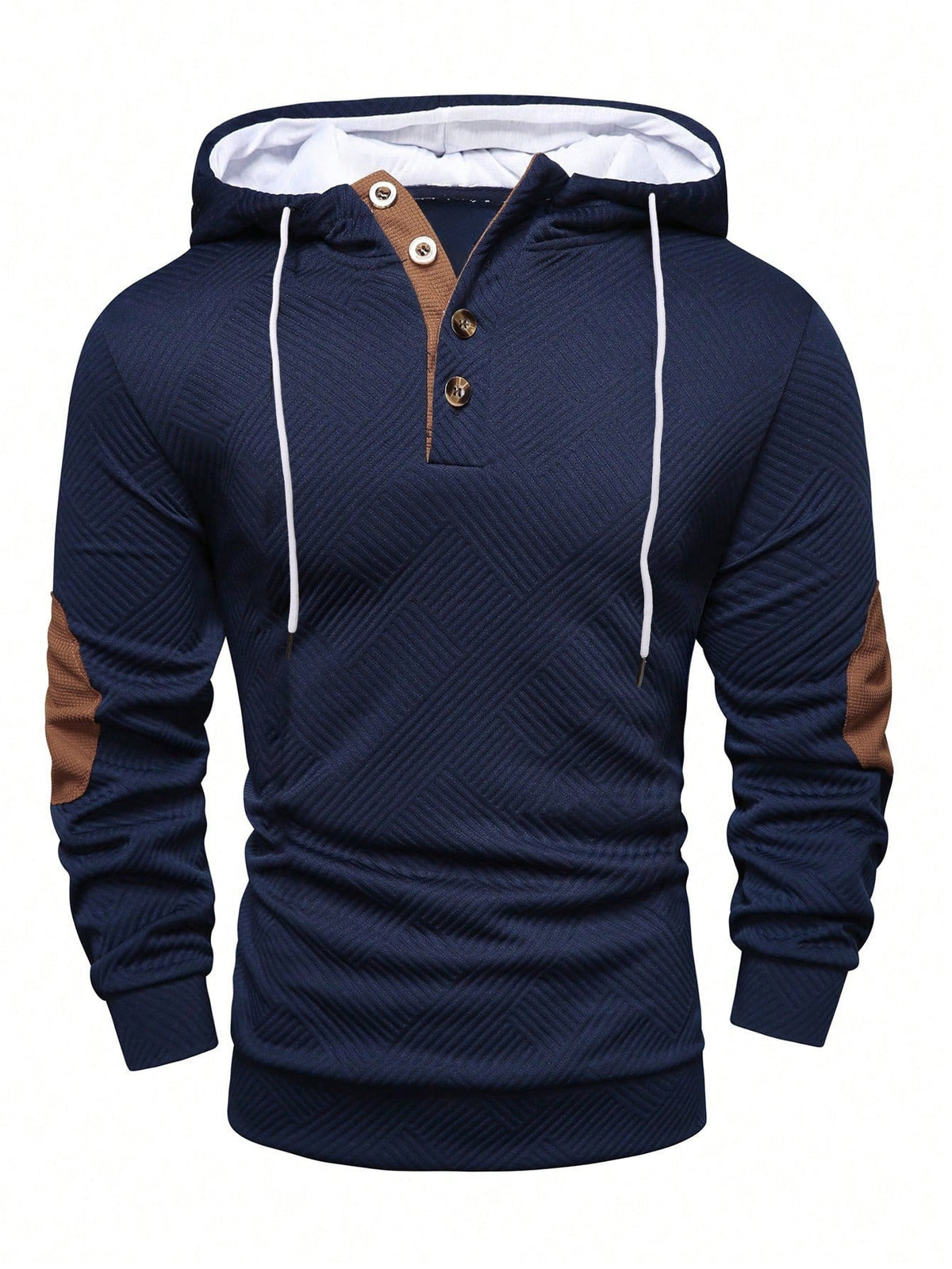 Navy Blue textured Henley hoodie for men with a relaxed fit, drawstring hood, button placket, and long sleeves