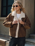 Brown thickened wool shearling jacket for women with a boxy fit, plush lining, two-button front, and welt pockets