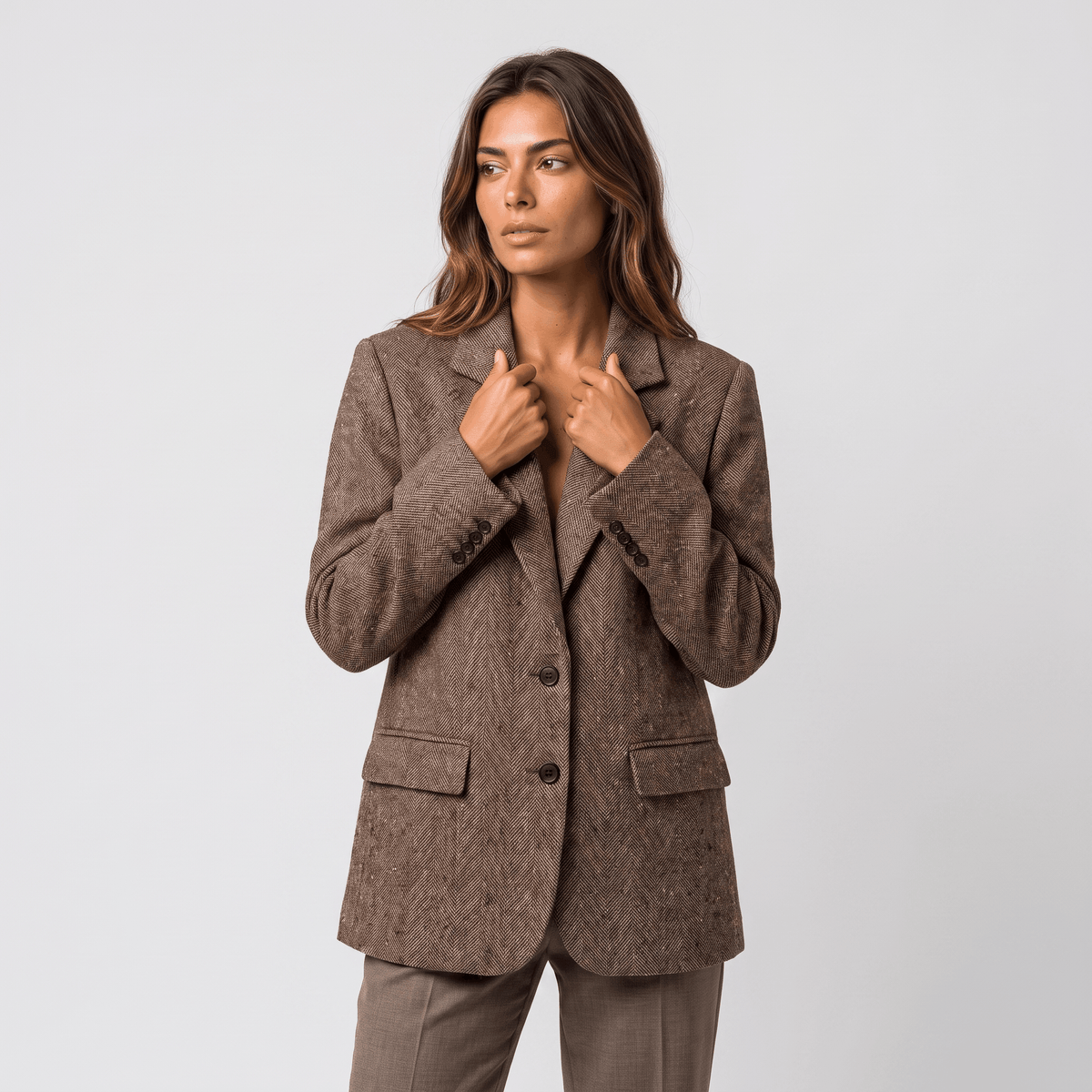 Valeria Herringbone Tweed Blazer – Relaxed Fit Classic Lapel Outerwear