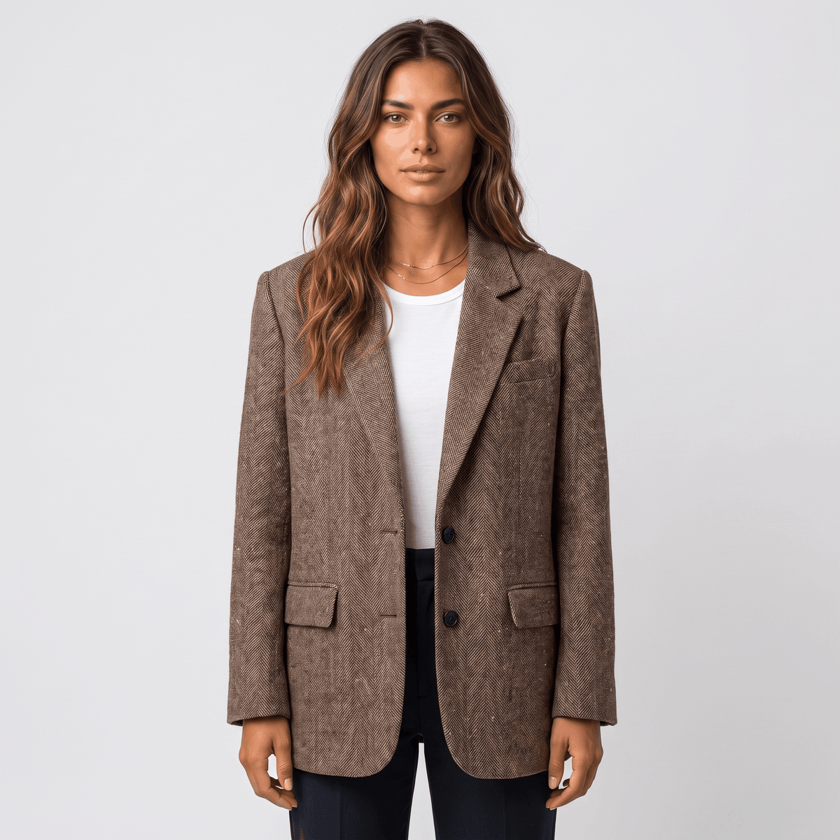 Valeria Herringbone Tweed Blazer – Relaxed Fit Classic Lapel Outerwear