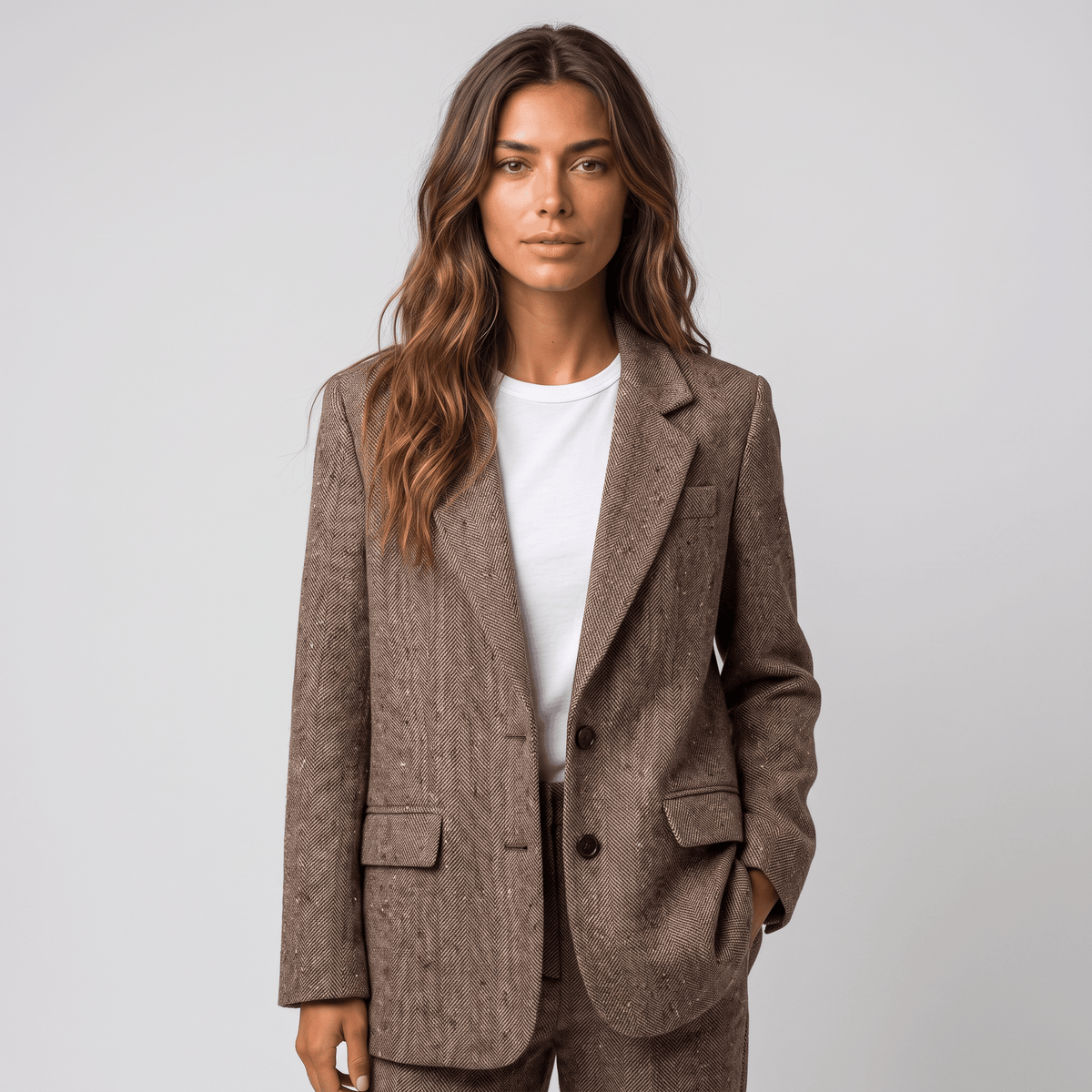 Valeria Herringbone Tweed Blazer – Relaxed Fit Classic Lapel Outerwear