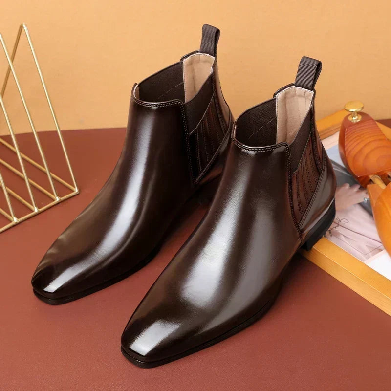 Black vegan leather pointed-toe Chelsea boots for men with elastic side panels and low stacked heel