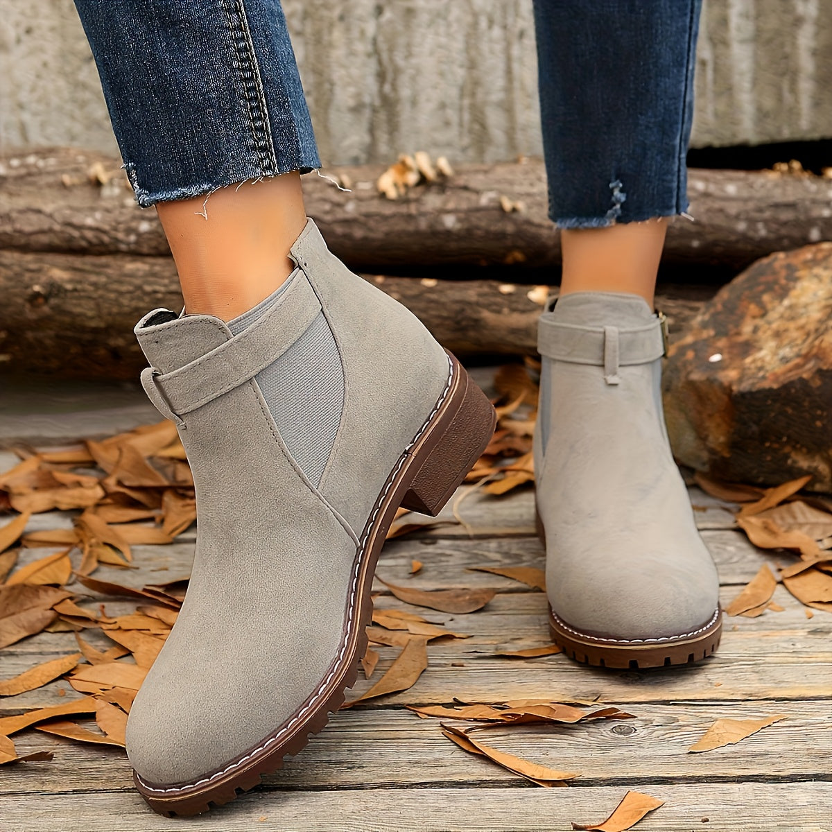 Gray vegan suede Chelsea ankle boots for women with buckle ankle strap and low block heel