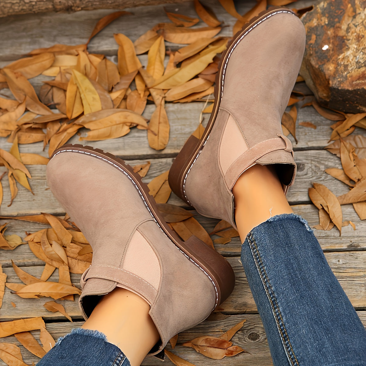 Taupe vegan suede Chelsea boots for women with elastic side panel and block heel, side view
