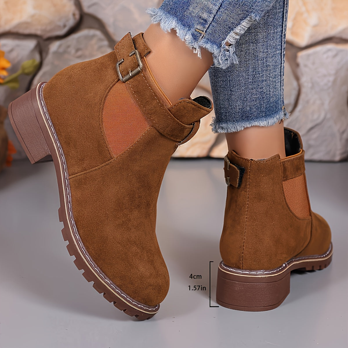 Brown vegan suede Chelsea boots for women with a 4 cm block heel measurement marked on the back view