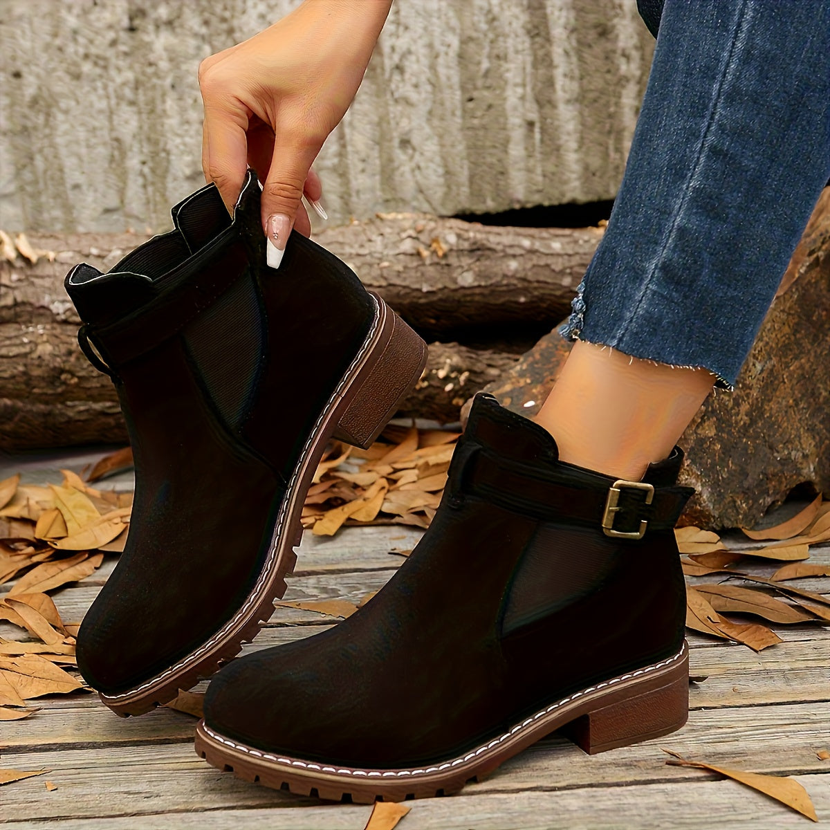 Black vegan suede Chelsea ankle boots for women with buckle ankle strap and low block heel