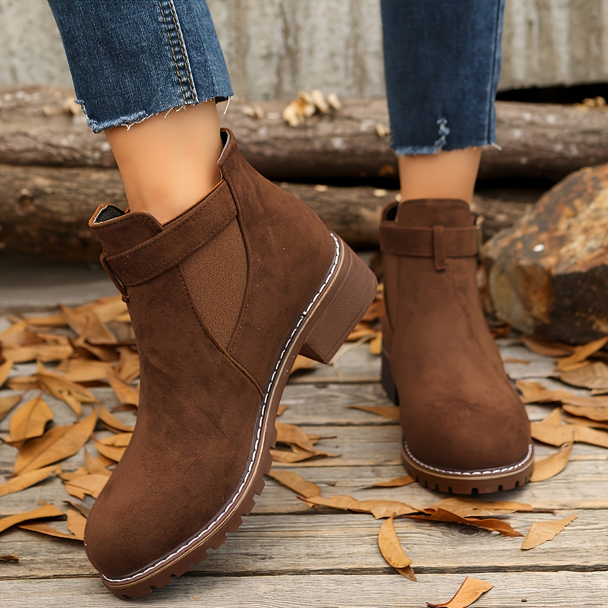 Brown vegan suede Chelsea boots for women with a 4 cm block heel measurement marked on the back view