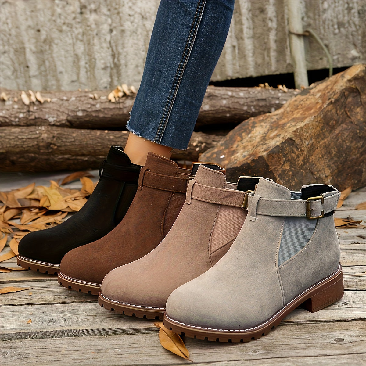 Four colourways of vegan suede Chelsea ankle boots for women in black, brown, taupe and gray
