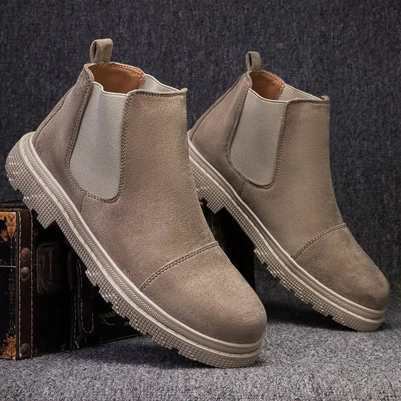 Pair of beige vegan suede Chelsea boots for men with elastic side panels and cream lug sole