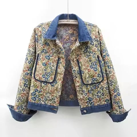 Maribel Women’s Jacquard Denim Jacket – Floral Textured Lightweight Cropped Jacket