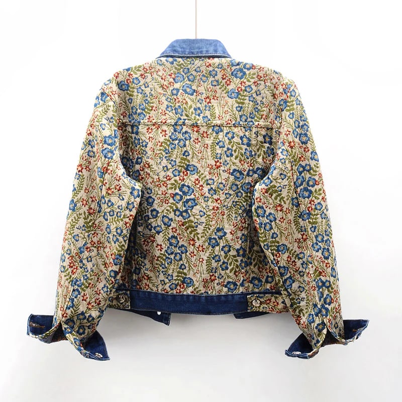 Maribel Women’s Jacquard Denim Jacket – Floral Textured Lightweight Cropped Jacket