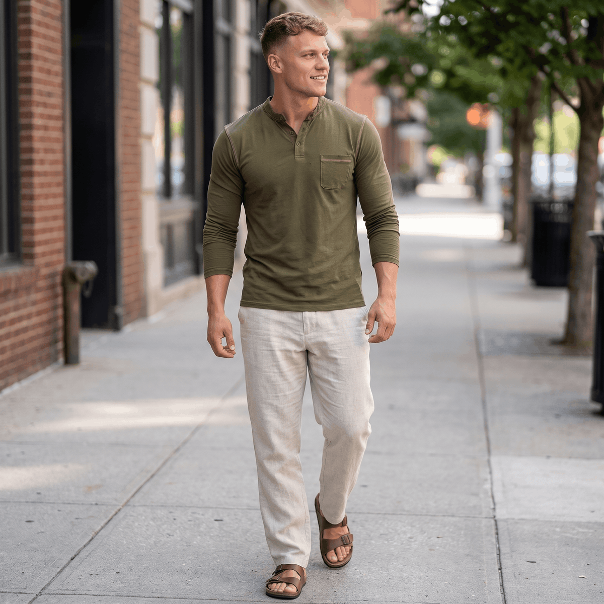 Man wearing an olive green long-sleeve Henley shirt paired with light-colored trousers while walking in an urban street setting.