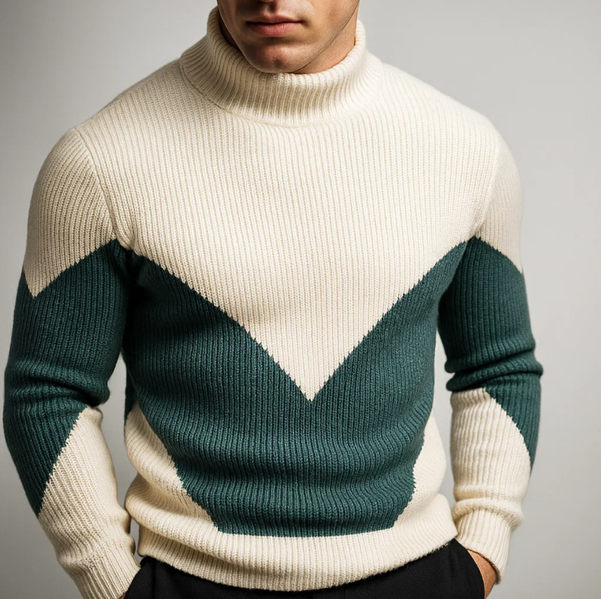 Marriott Men's Chevron Turtleneck Sweater – Thick Ribbed Knit Jumper