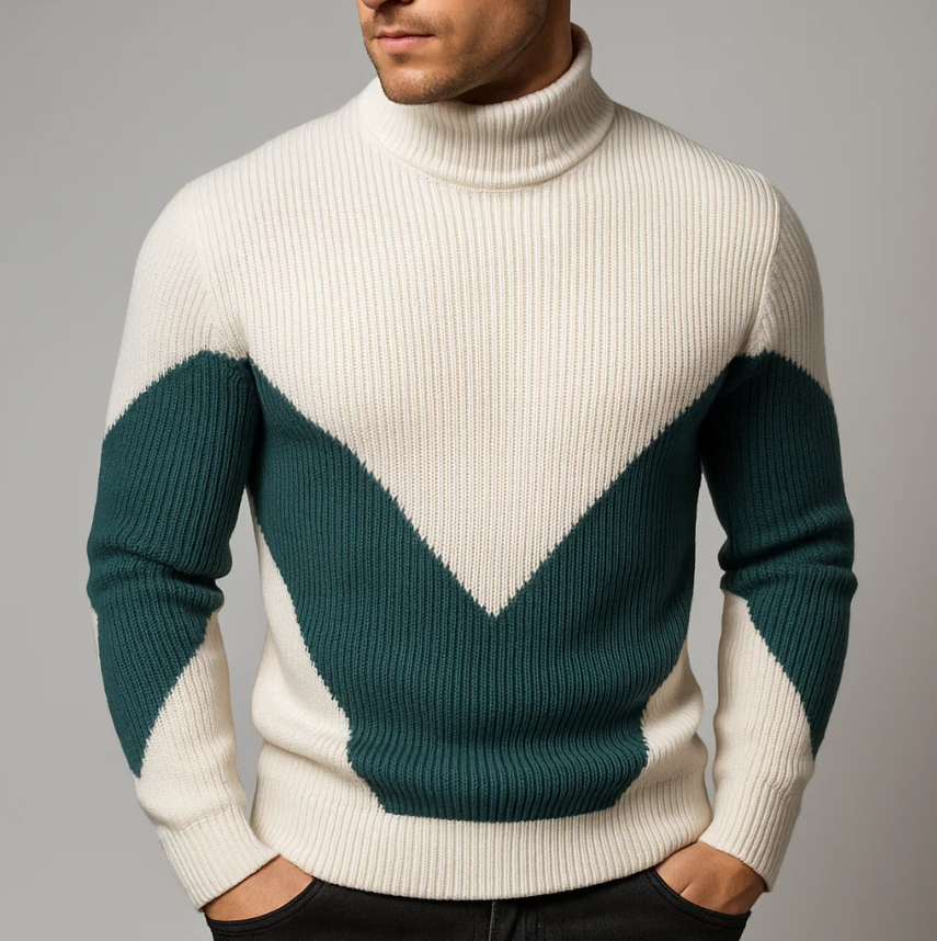 Marriott Men's Chevron Turtleneck Sweater – Thick Ribbed Knit Jumper