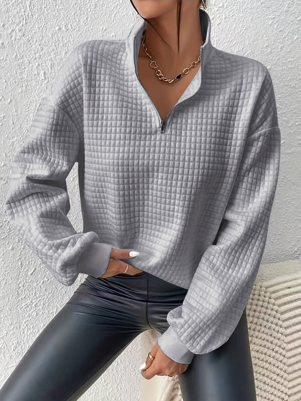 Waffle Knit Quarter-Zip Sweater for Women – Stand Collar & Relaxed Fit | Bianca