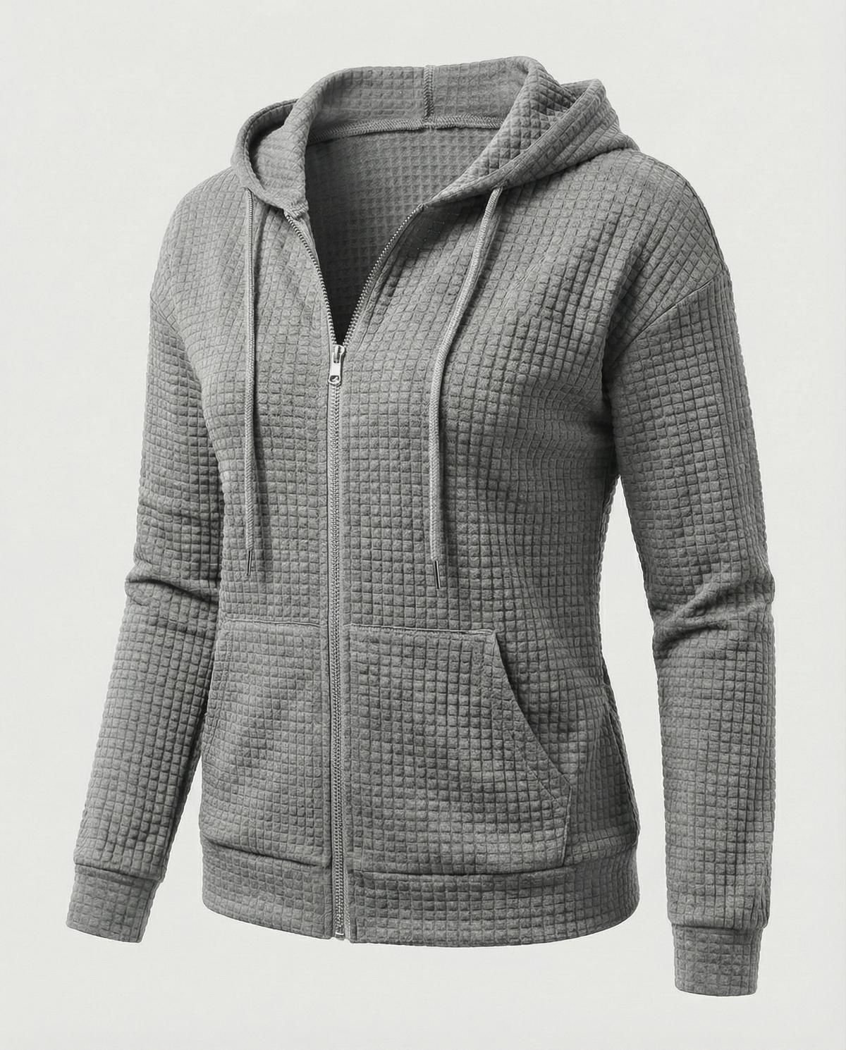 Gray fitted waffle knit zip-up hoodie for women with a drawstring hood and front pockets
