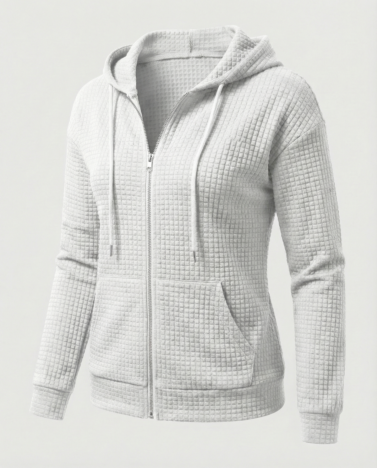 White fitted waffle knit zip-up hoodie for women with a drawstring hood and front pockets