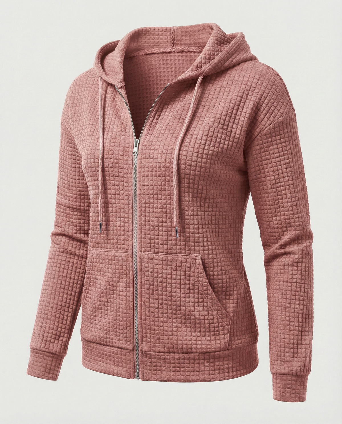 Dusty Rose fitted waffle knit zip-up hoodie for women with a drawstring hood and front pockets