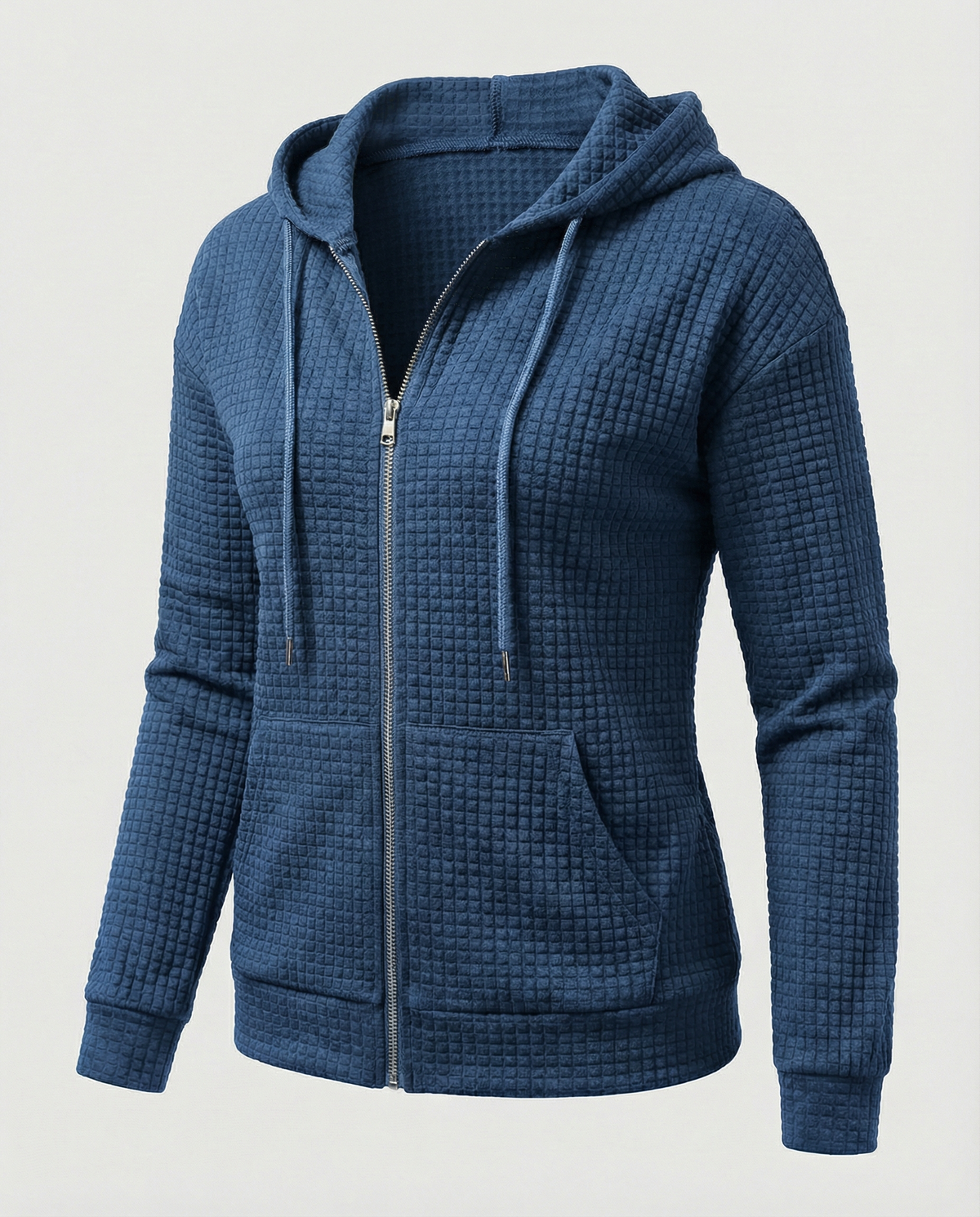 Blue fitted waffle knit zip-up hoodie for women with a drawstring hood and front pockets