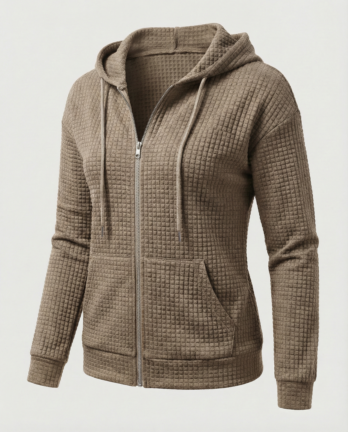 Khaki fitted waffle knit zip-up hoodie for women with a drawstring hood and front pockets