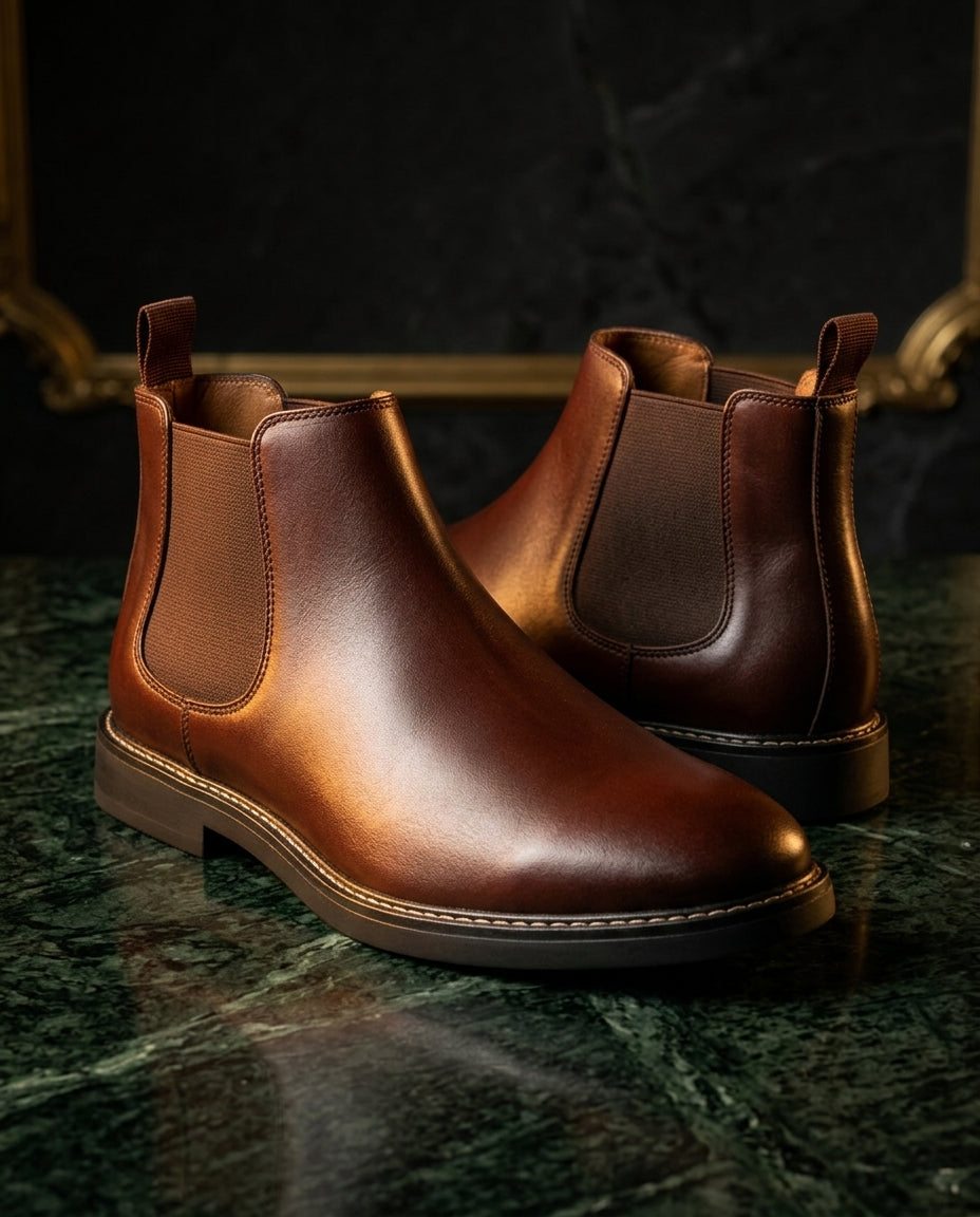 Dark brown water-repellent Chelsea boots for men with stitched sole edge and elastic side panels, on green marble