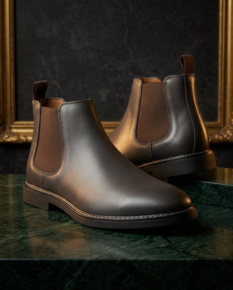 Gray water-repellent leather Chelsea ankle boots for men with brown elastic side panels and stitched sole edge