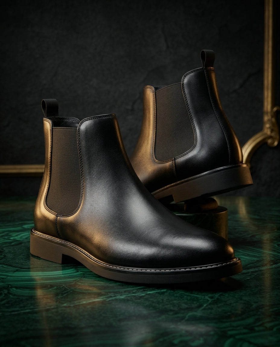 Black water-repellent leather Chelsea boots for men with elastic side panels and back pull tab, on green marble